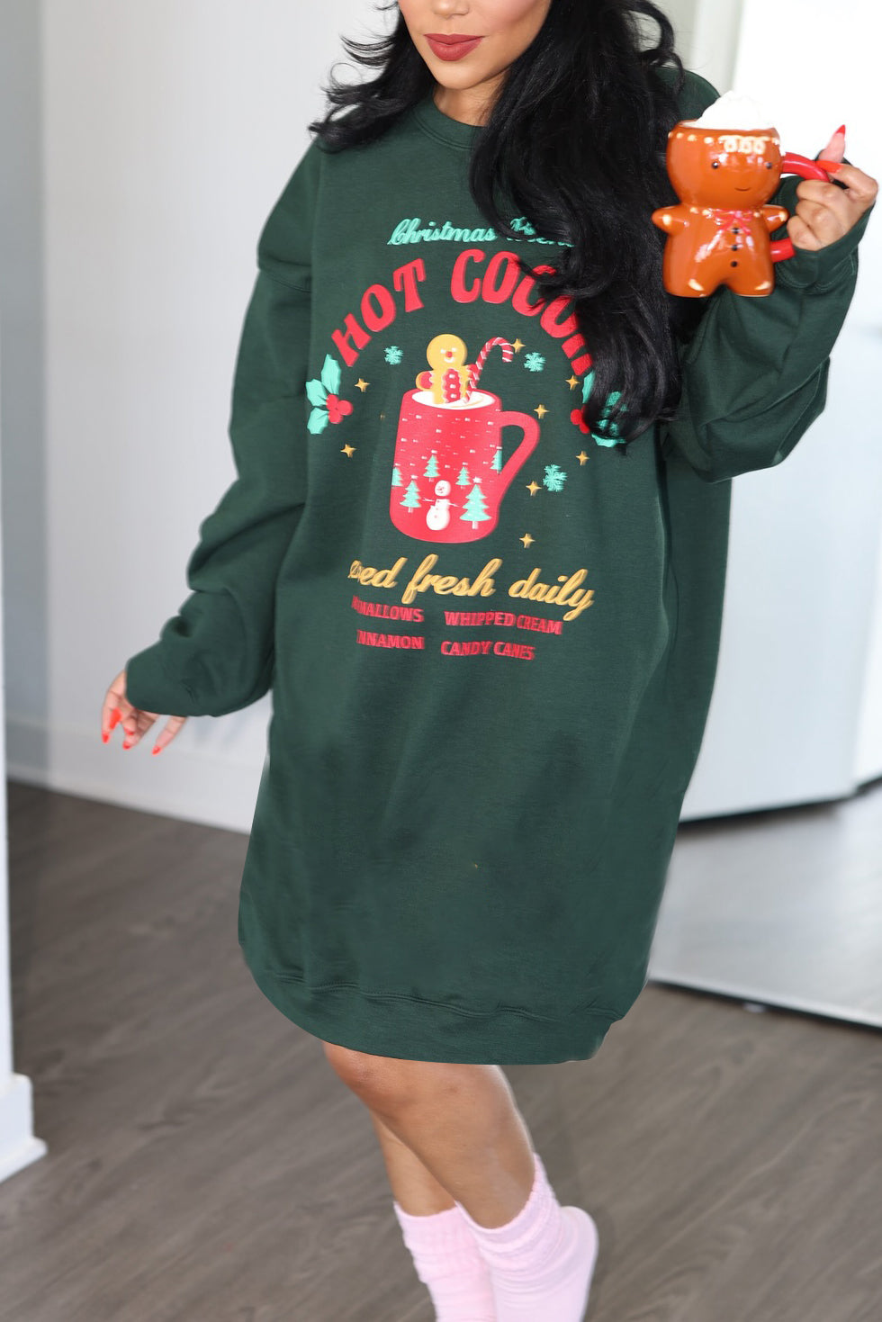 Christmas Mug Print Long Sleeve Sweater Dress