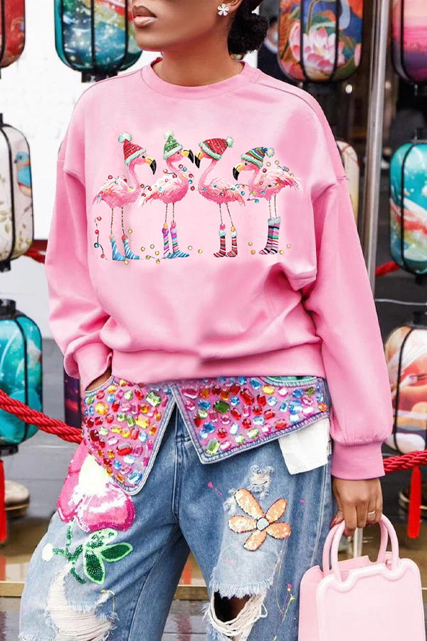 Christmas Flamingo Print Long Sleeve Sweatshirt