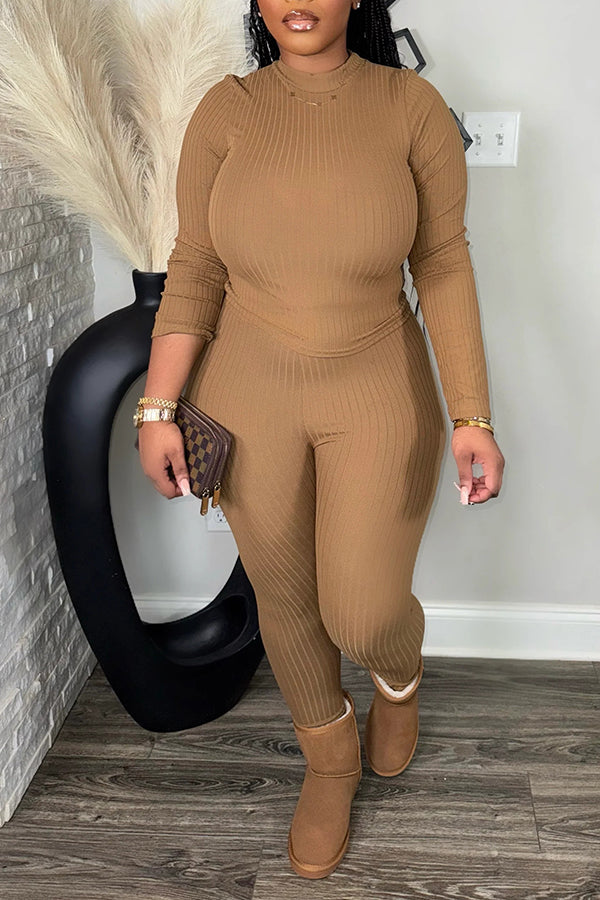 Comfortable Knitted Thermal Striped Bodycon Set 