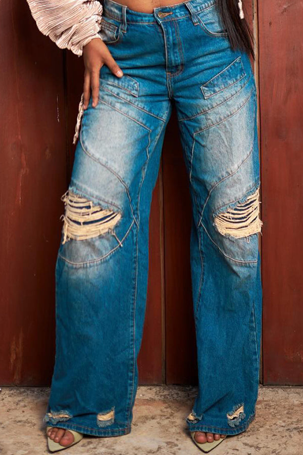 Trendy Patchwork Distressed Hole Jeans 