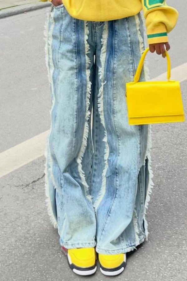 Unique Colorblock Fringed Trim Wide-Leg Jeans 