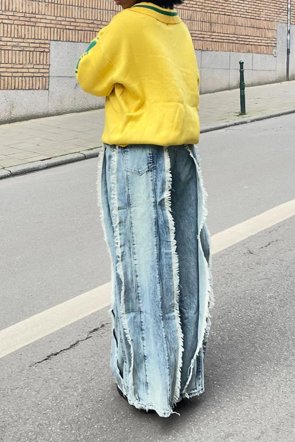 Unique Colorblock Fringed Trim Wide-Leg Jeans 