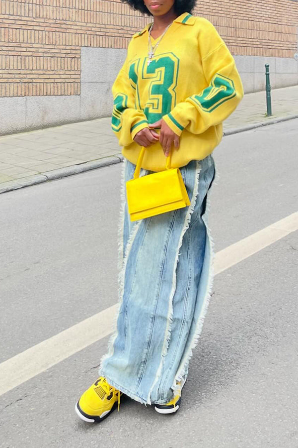 Unique Colorblock Fringed Trim Wide-Leg Jeans 