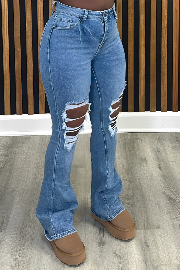 Fashionable Ripped Flared Denim Jeans