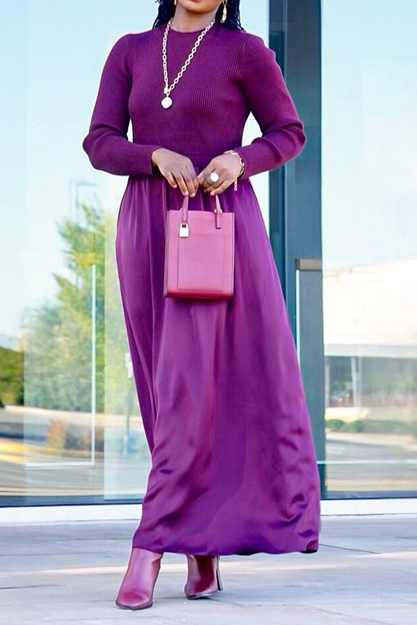 Elegant Round-Neck Knitted Long Dress with Pieced Design