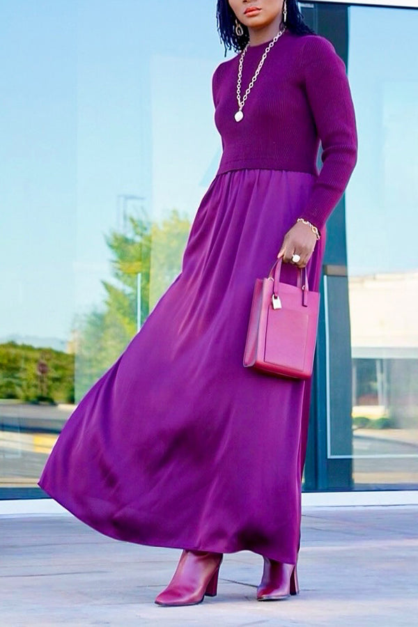 Elegant Round-Neck Knitted Long Dress with Pieced Design