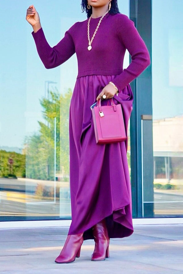 Elegant Round-Neck Knitted Long Dress with Pieced Design