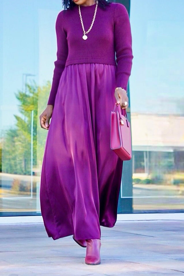 Elegant Round-Neck Knitted Long Dress with Pieced Design