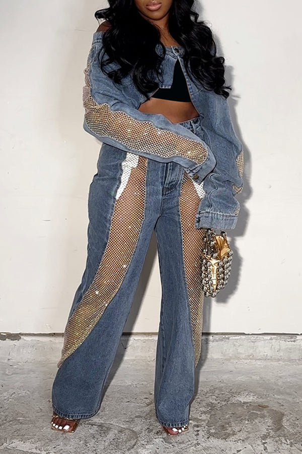 Fashion Patchwork Sequined Mesh Loose Jeans