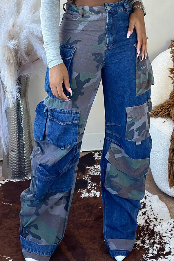 Fashion Unisex Camouflage Patchwork Jeans