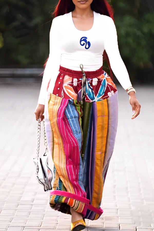 Fashionable Belted Color-Block Print Loose Pants