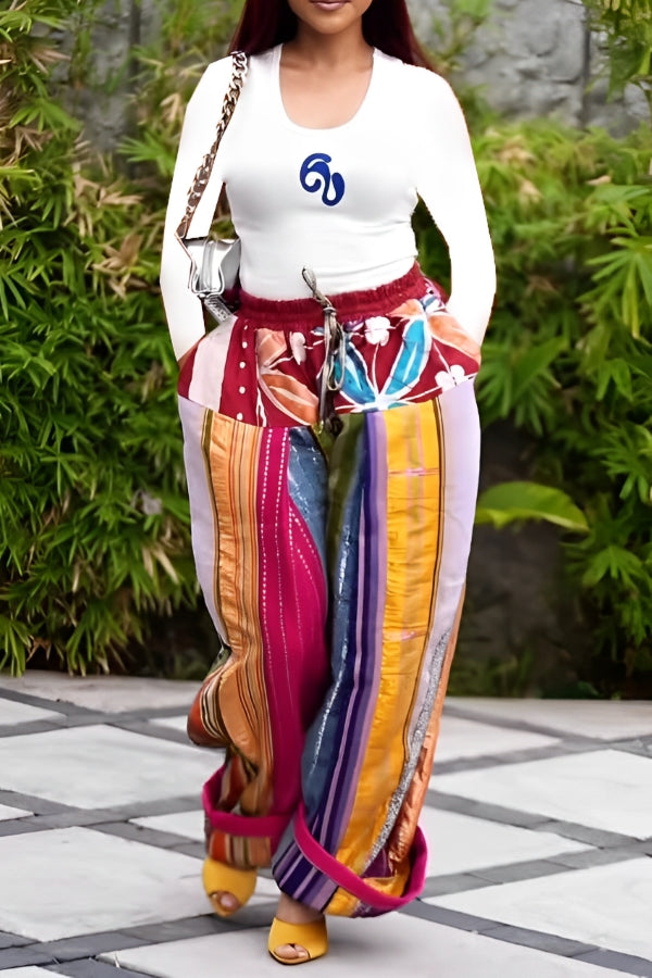 Fashionable Belted Color-Block Print Loose Pants