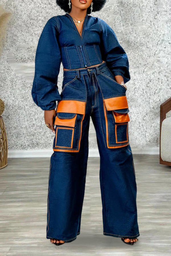 Fashionable Lantern Sleeve Jacket & Patchwork Jeans Set