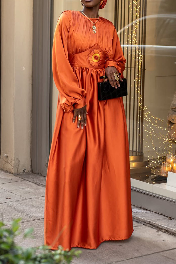 Elegant Bright Orange Waist Embroidered Maxi Dress