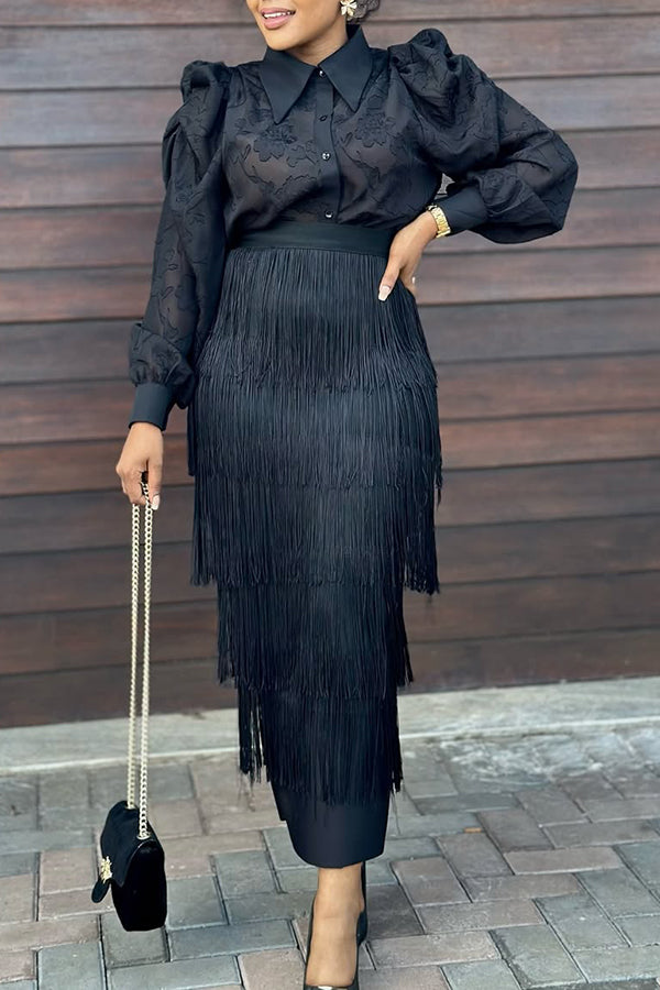 Elegant Lace Shirt & Fringe Skirt Set