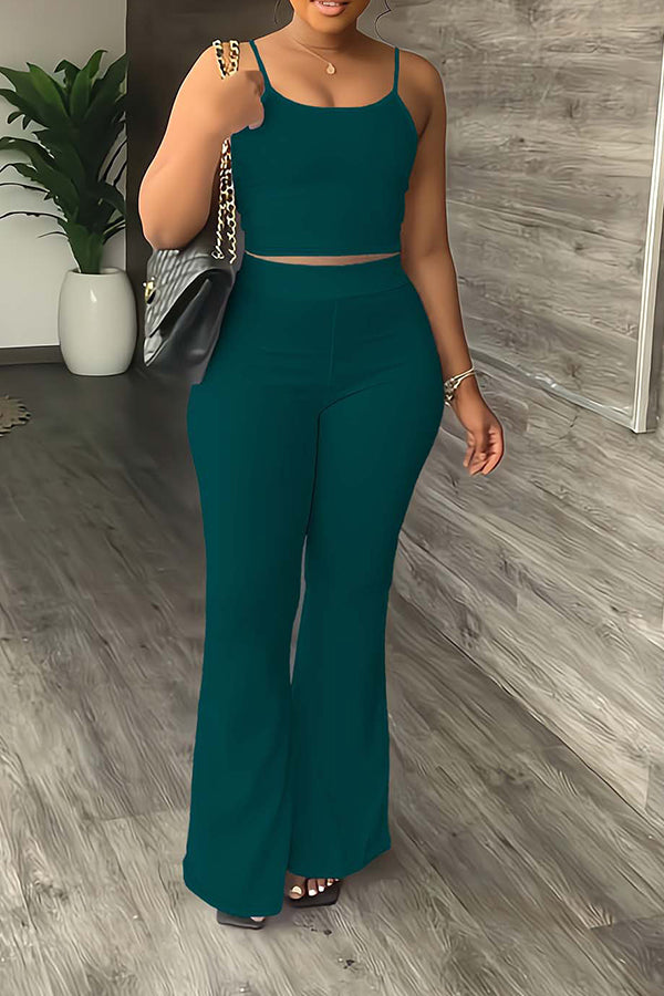 Casual Solid Sling Top & Flare Pants Set