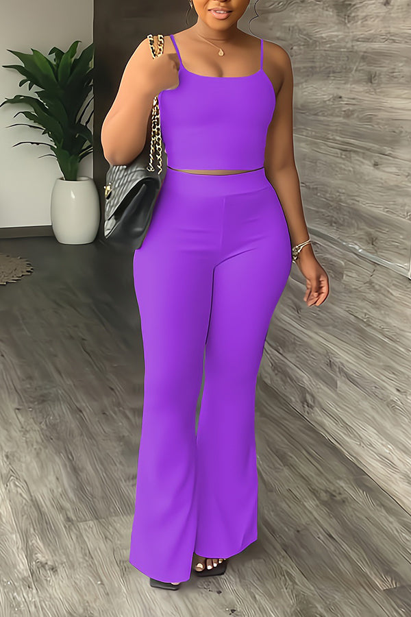 Casual Solid Sling Top & Flare Pants Set