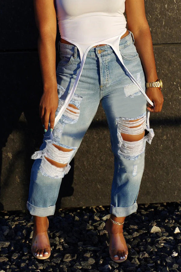 Stylish High Waist Ripped Cropped Jeans