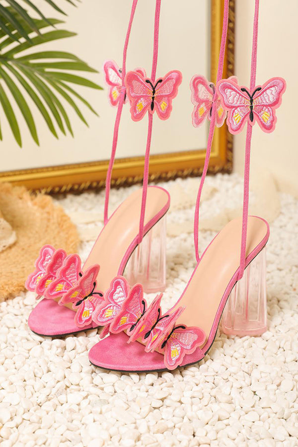 Pink Embroidered Butterfly Crystal Love Strap Roman Sandals