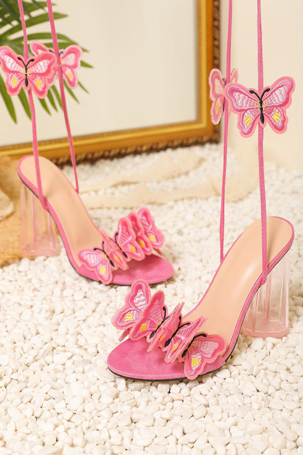 Pink Embroidered Butterfly Crystal Love Strap Roman Sandals