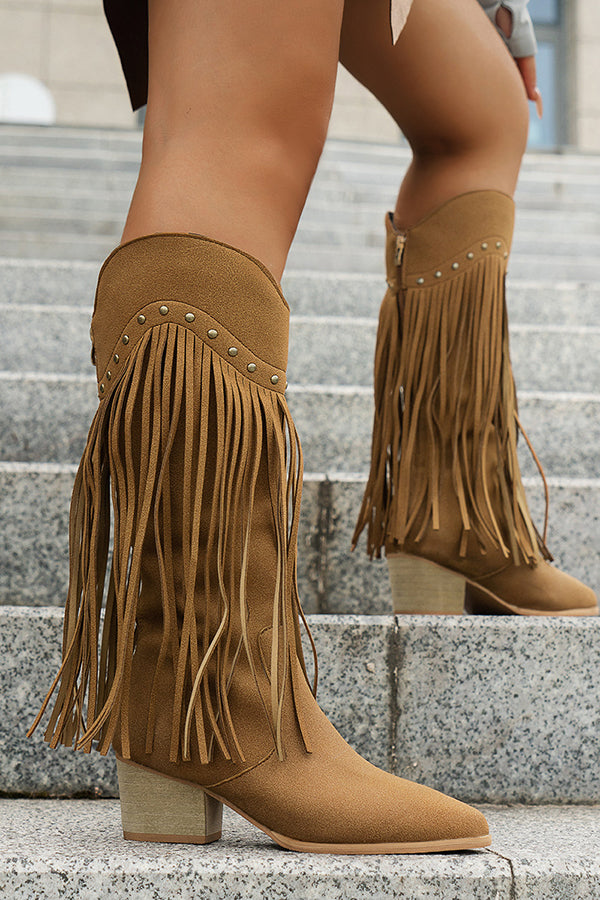 Western Tassel Pointed Toe Chunky Heel Boots