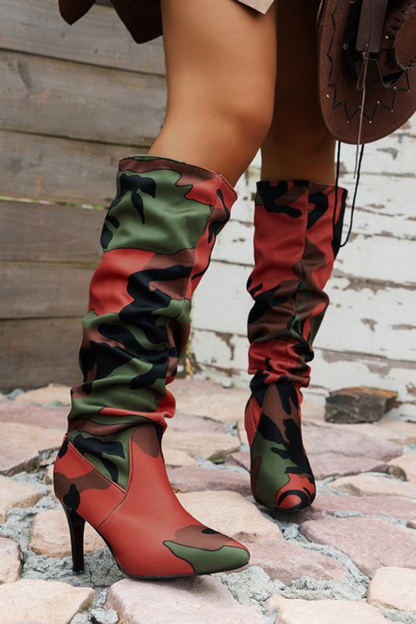 Pointed Toe Camouflage Print High Heel Boots