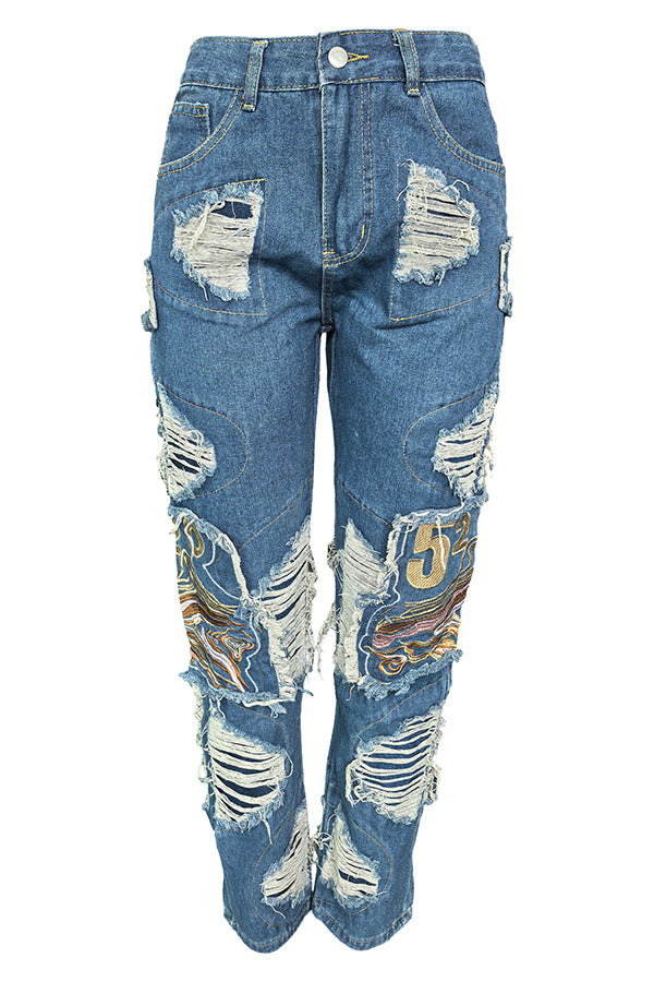 Street Wash Pocket Workwear Ripped Embroidered Jeans