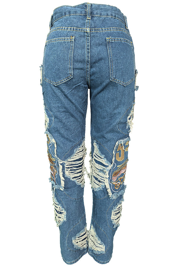 Street Wash Pocket Workwear Ripped Embroidered Jeans