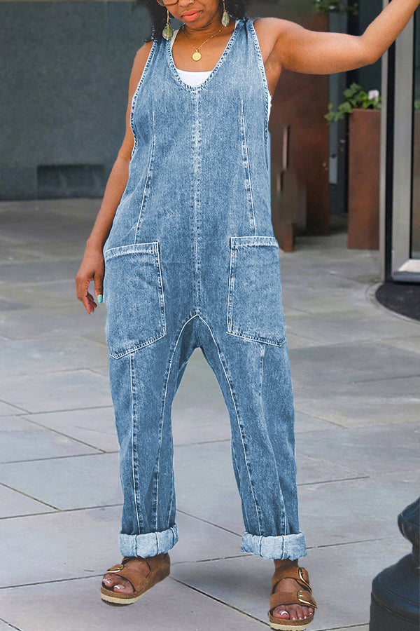 Stylish Patched Pocket Denim Jumpsuit