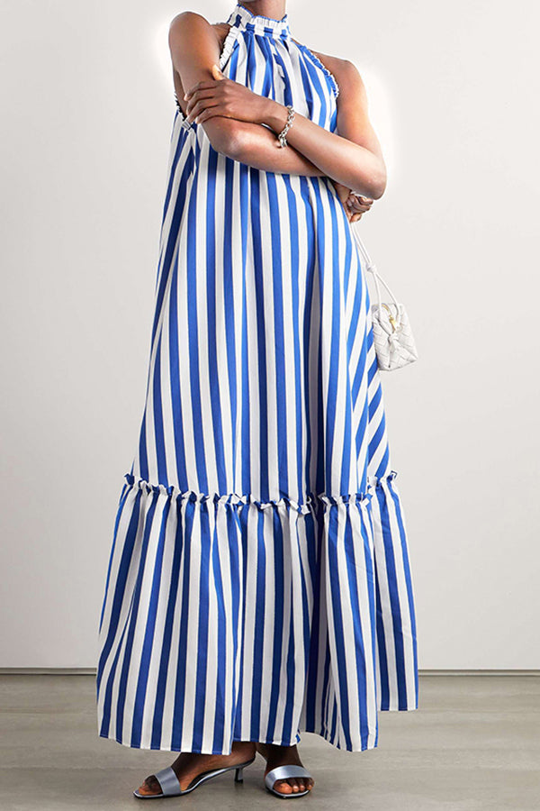 Vintage Striped Ruffle Hem Frill Trim Maxi Dress