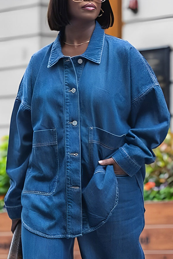 Casual Patched Pocket Button Up Denim Blouse