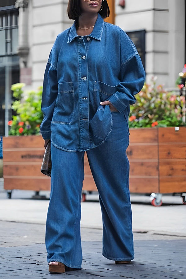 Casual Patched Pocket Button Up Denim Blouse