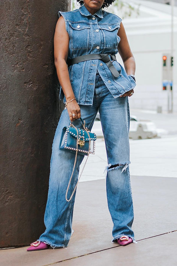 Stylish Patched Pocket Solid Denim Vest