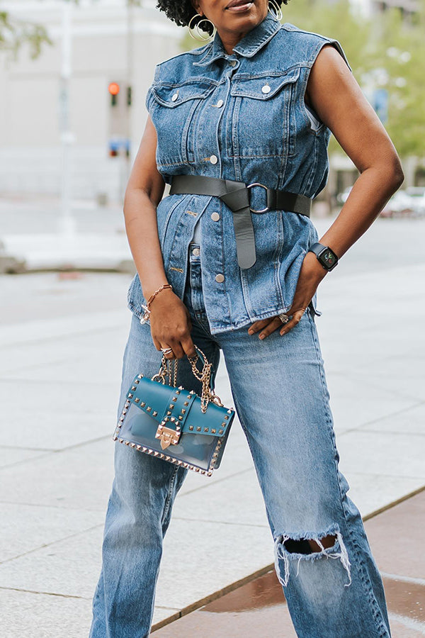 Stylish Patched Pocket Solid Denim Vest