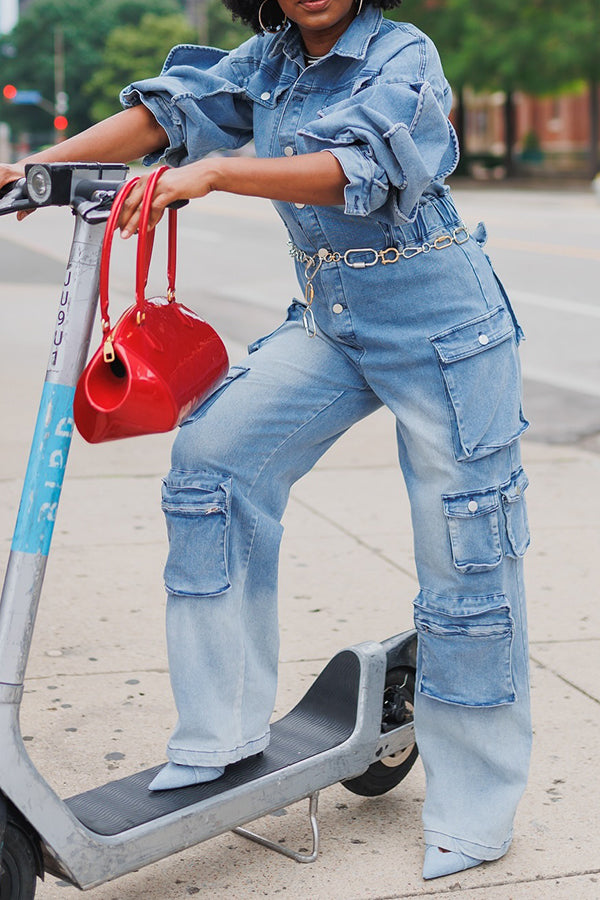 Stylish Flap Pocket Button Up Bleach Wash Jumpsuit