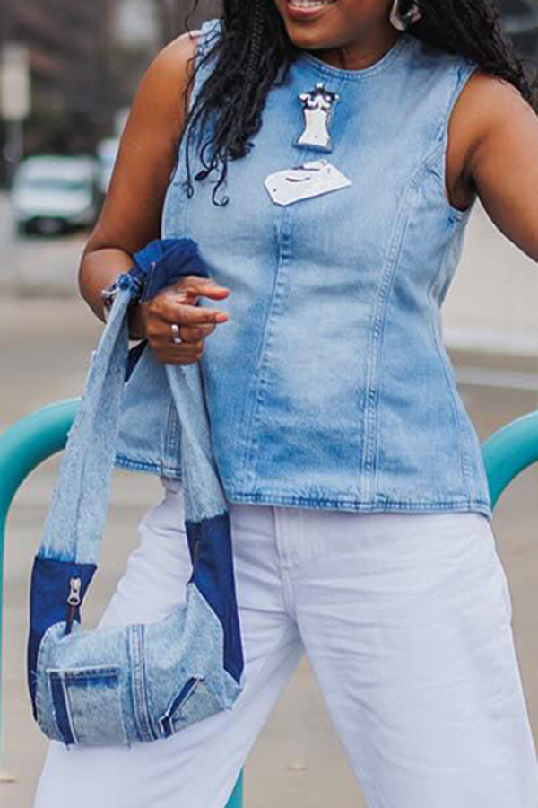 Stylish Sleeveless Light Washed Denim Vest