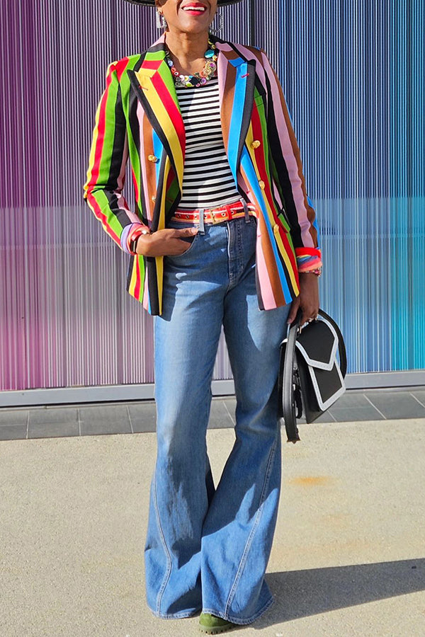 Unique Color Striped Blazer & Skirt Set