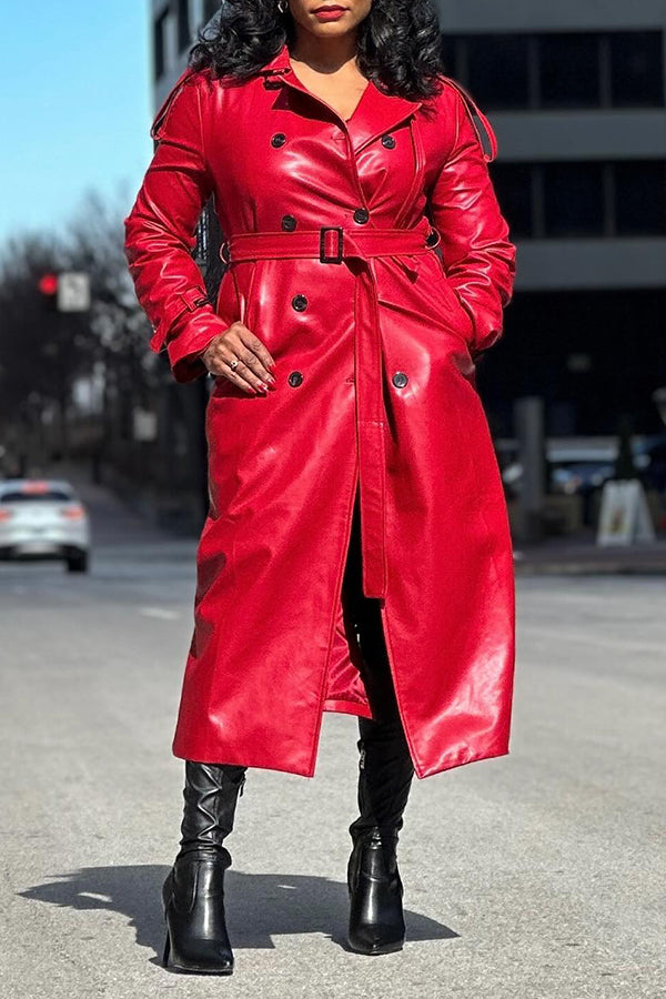 Stylish Double Breasted Belted PU Trench Coat