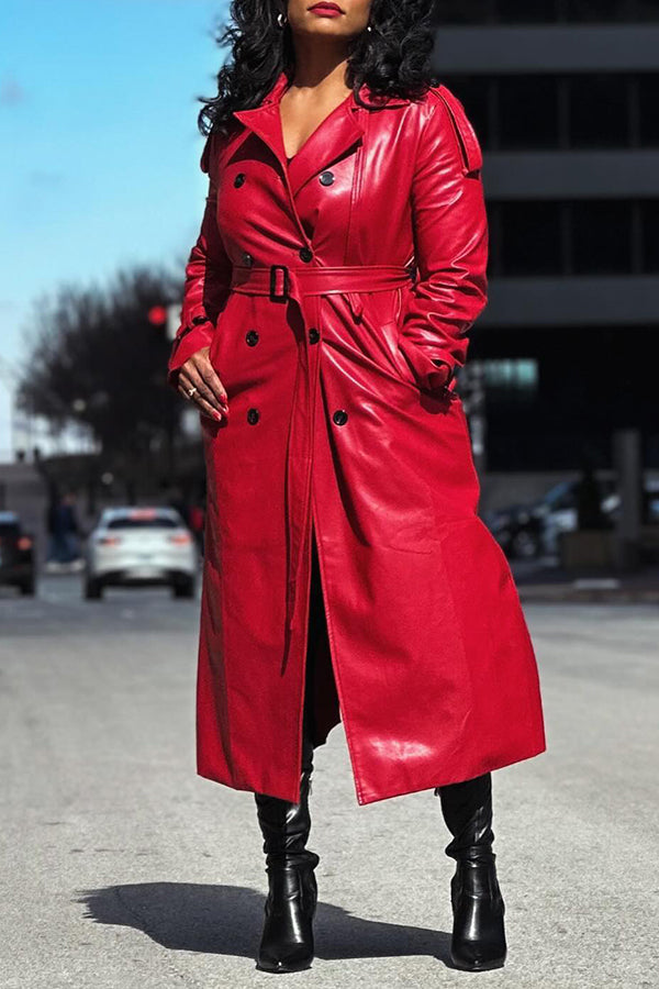 Stylish Double Breasted Belted PU Trench Coat