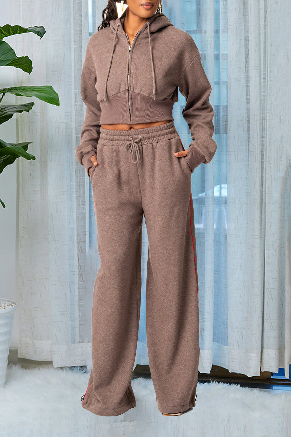 Casual Zip Front Hoodie & Pants Set