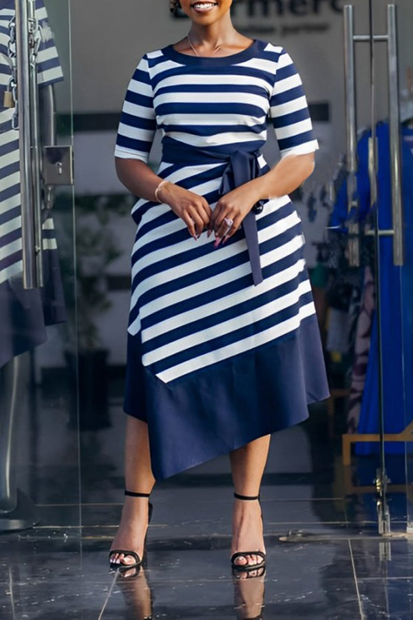 Casual Round Neck Striped Midi Dress