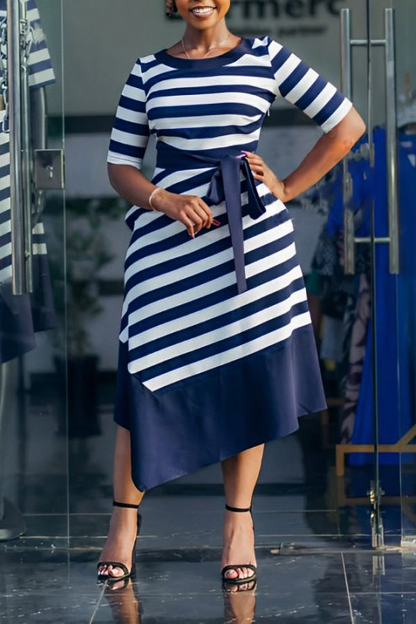 Casual Round Neck Striped Midi Dress