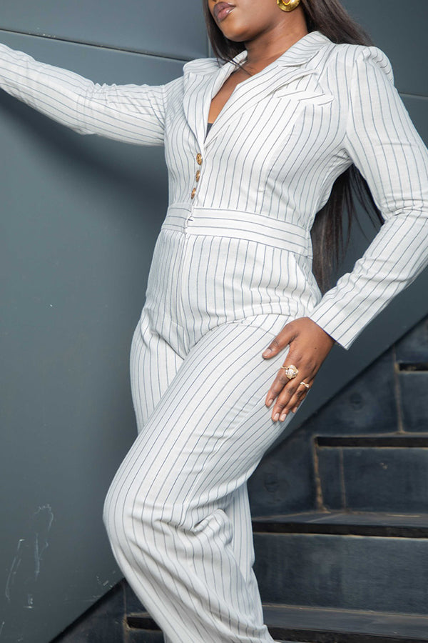 Casual Peak Collar Striped Jumpsuit