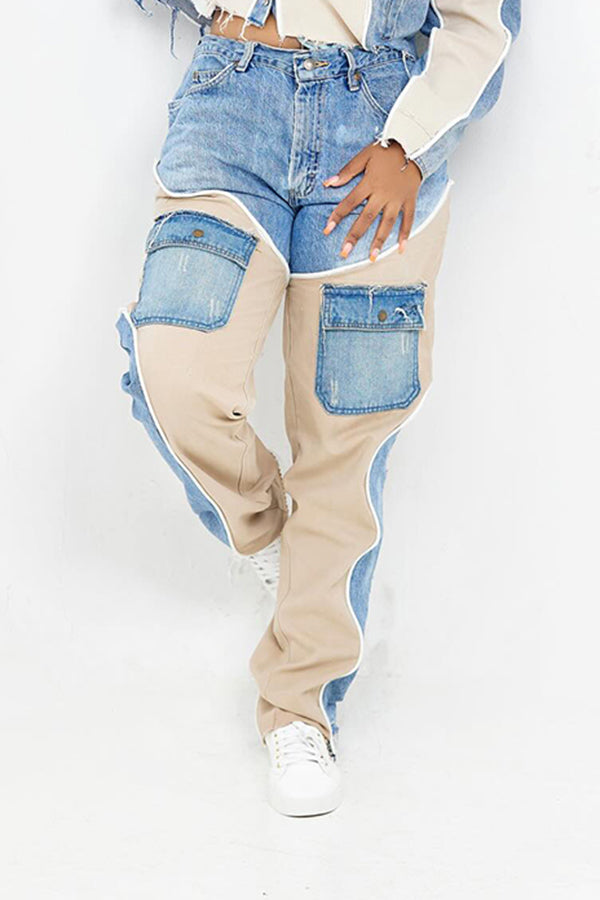 Stylish Slant Pocket Denim Patchwork Pants