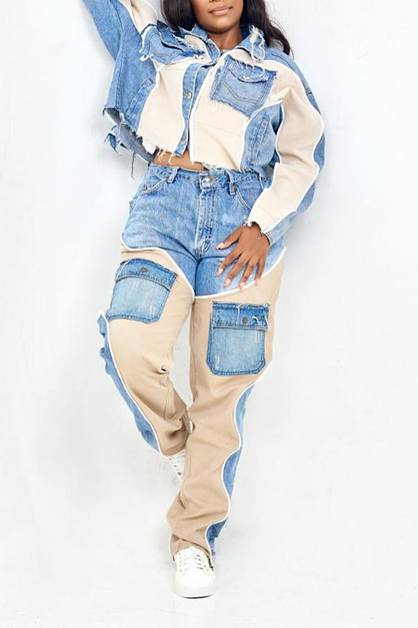 Stylish Slant Pocket Denim Patchwork Pants