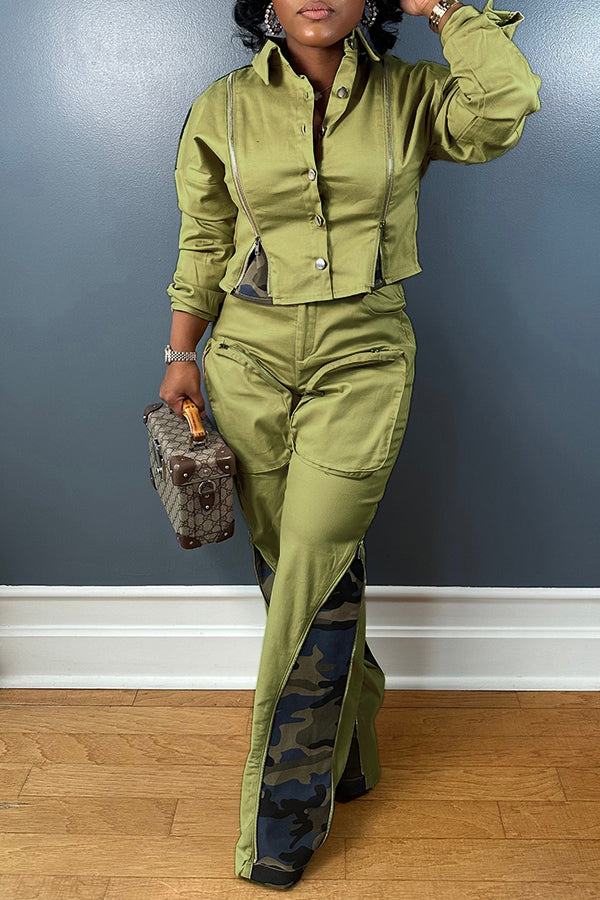 Casual Camouflage Stitching Jacket & Pants Set