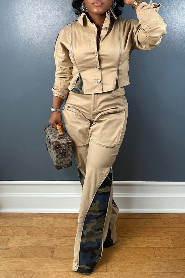 Casual Camouflage Stitching Jacket & Pants Set