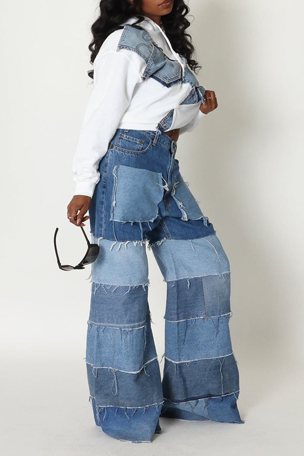 Casual Denim Paneled Wide-leg Pants