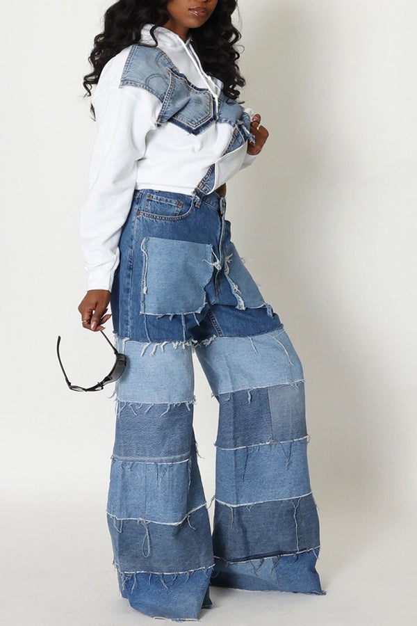 Casual Denim Paneled Wide-leg Pants