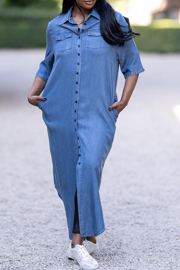 Casual Button Front Slant Pocket Denim Dress